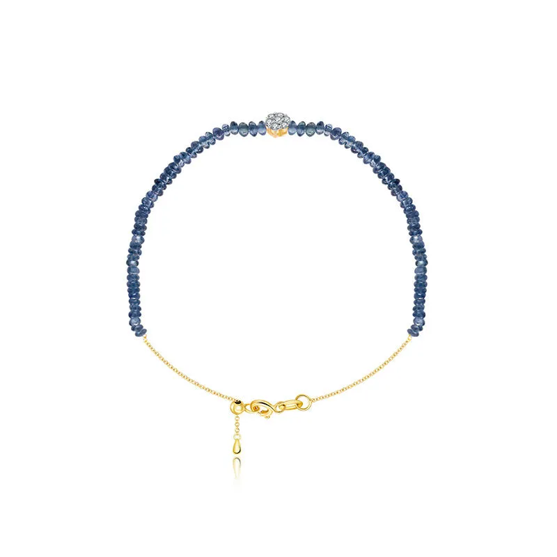 18k Gold Sapphire Beaded with Flower Shape Diamond Bracelet