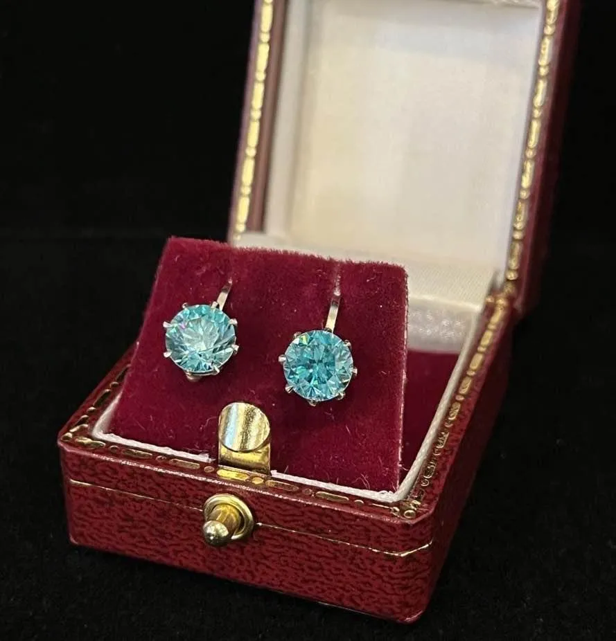 1920s 9ct White Gold Blue Zircon Earrings