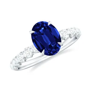 2.25 CT Oval Cut Created Blue Sapphire Solitaire and Diamond Side Stones