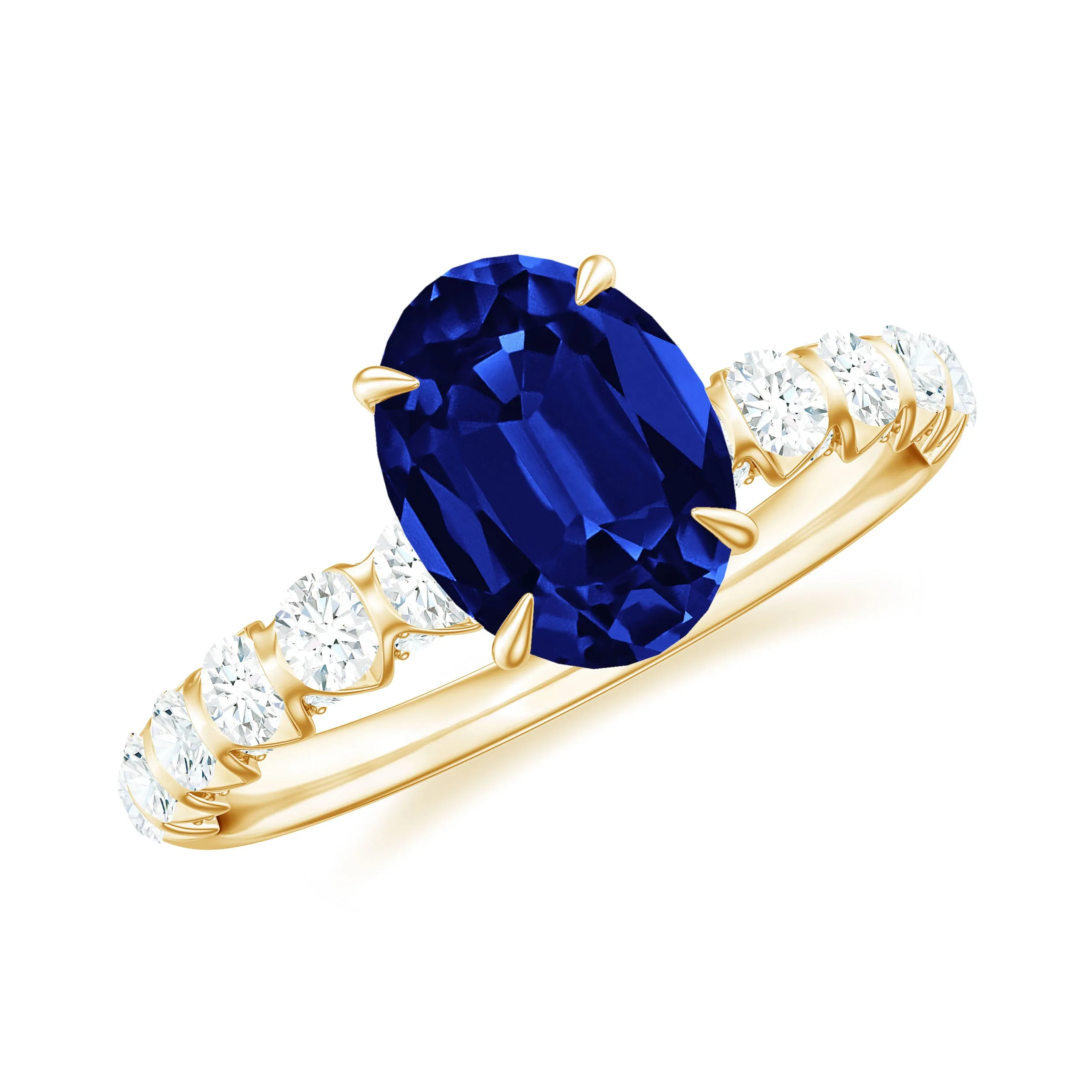 2.25 CT Oval Cut Created Blue Sapphire Solitaire and Diamond Side Stones