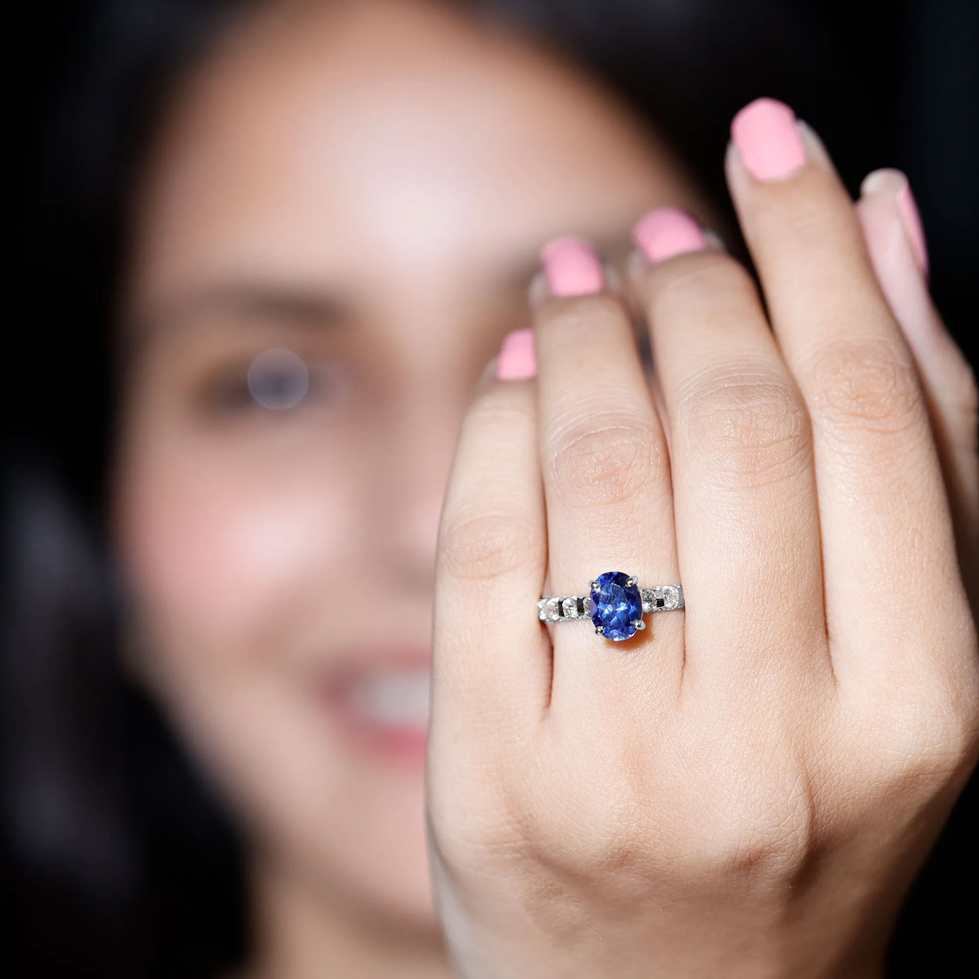 2.25 CT Oval Cut Created Blue Sapphire Solitaire and Diamond Side Stones