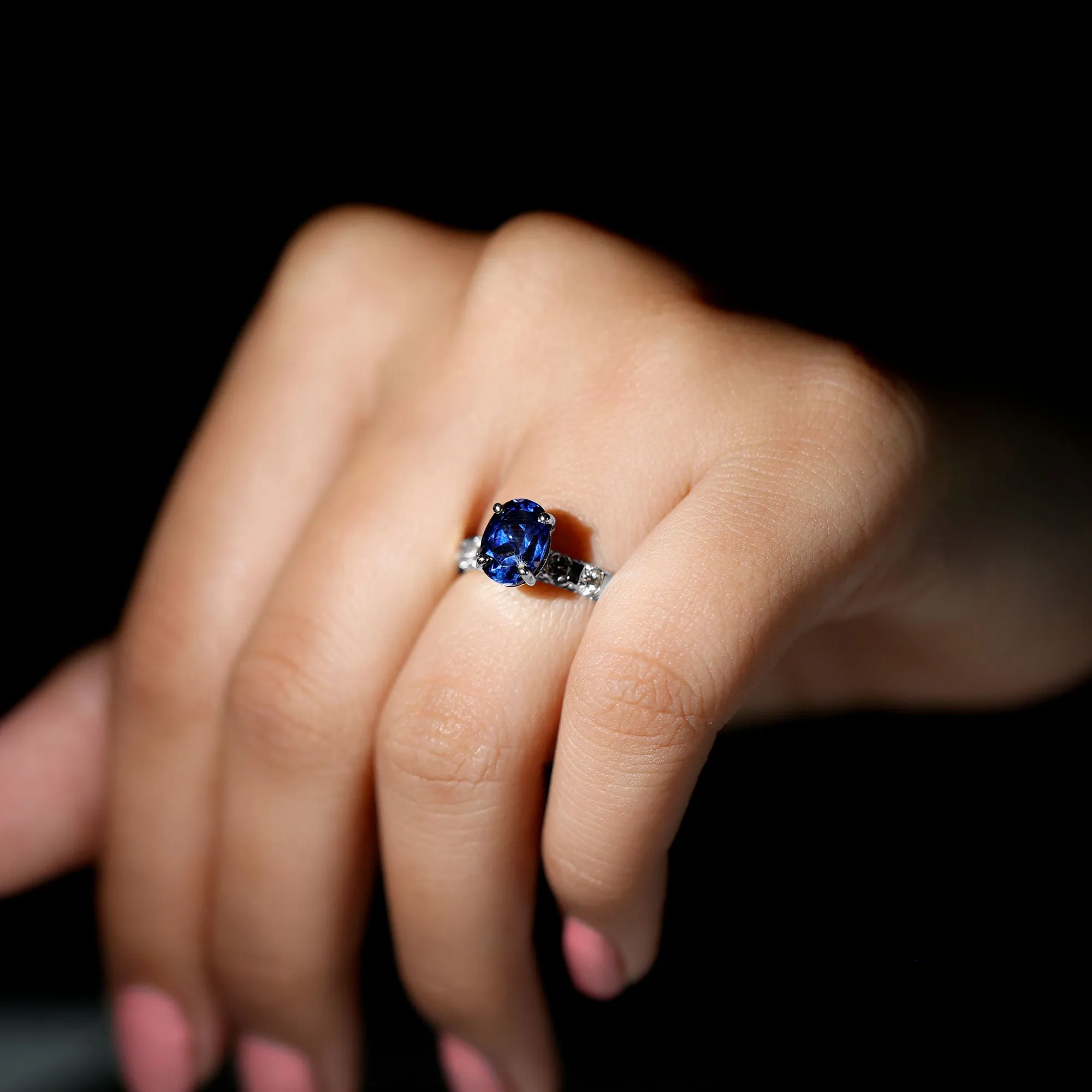 2.25 CT Oval Cut Created Blue Sapphire Solitaire and Diamond Side Stones
