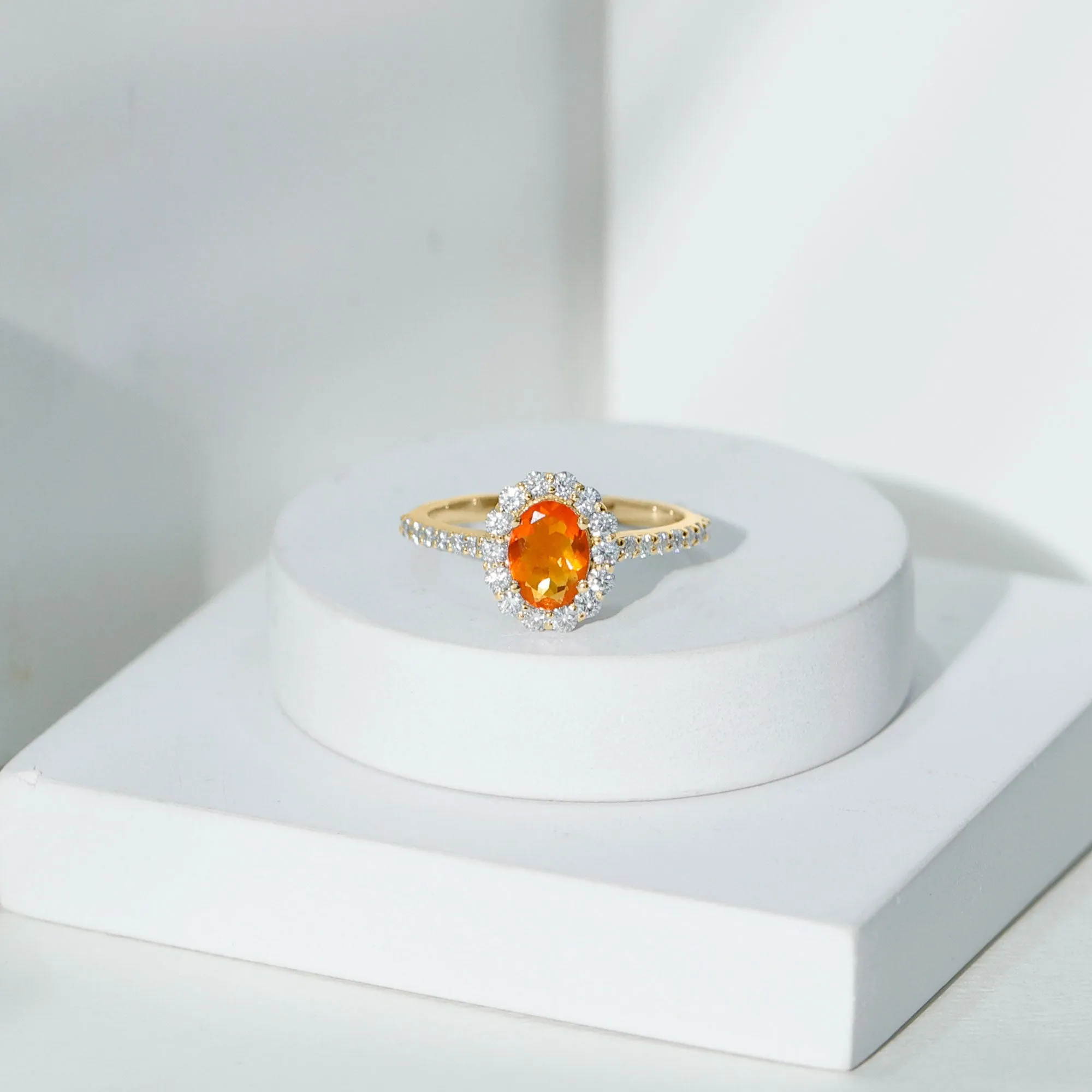 2.25 CT Oval Shape Solitaire Fire Opal and Moissanite Accent Engagement Ring