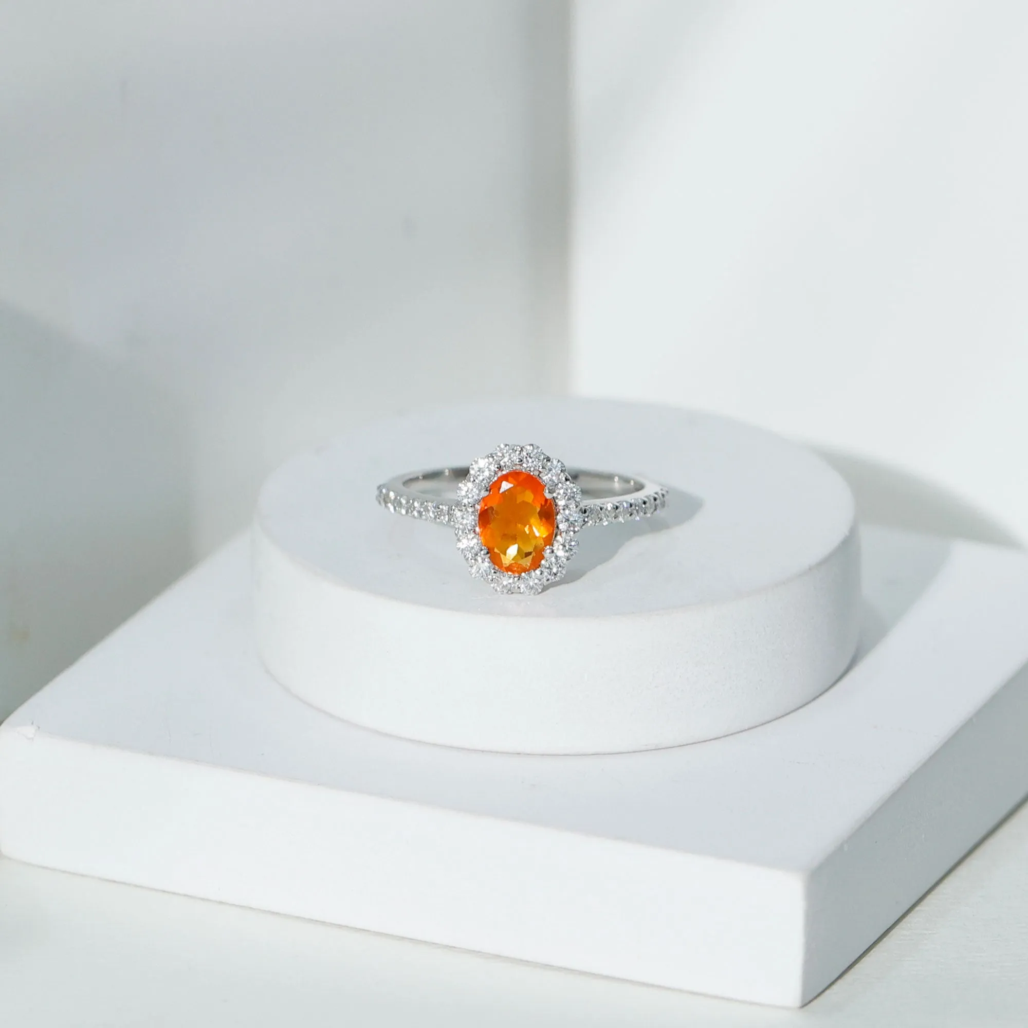 2.25 CT Oval Shape Solitaire Fire Opal and Moissanite Accent Engagement Ring