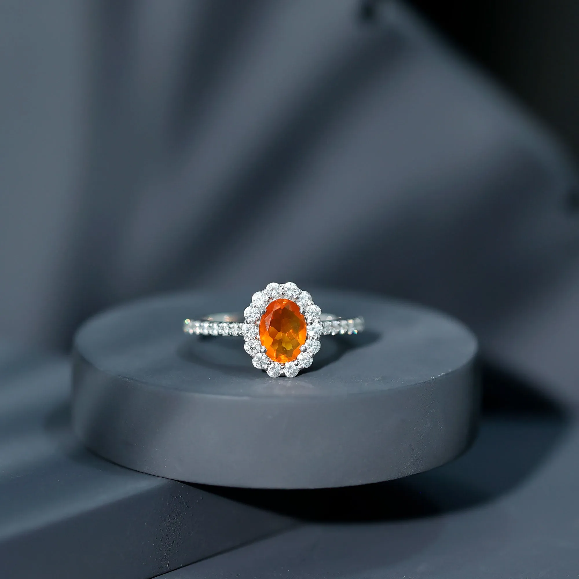2.25 CT Oval Shape Solitaire Fire Opal and Moissanite Accent Engagement Ring