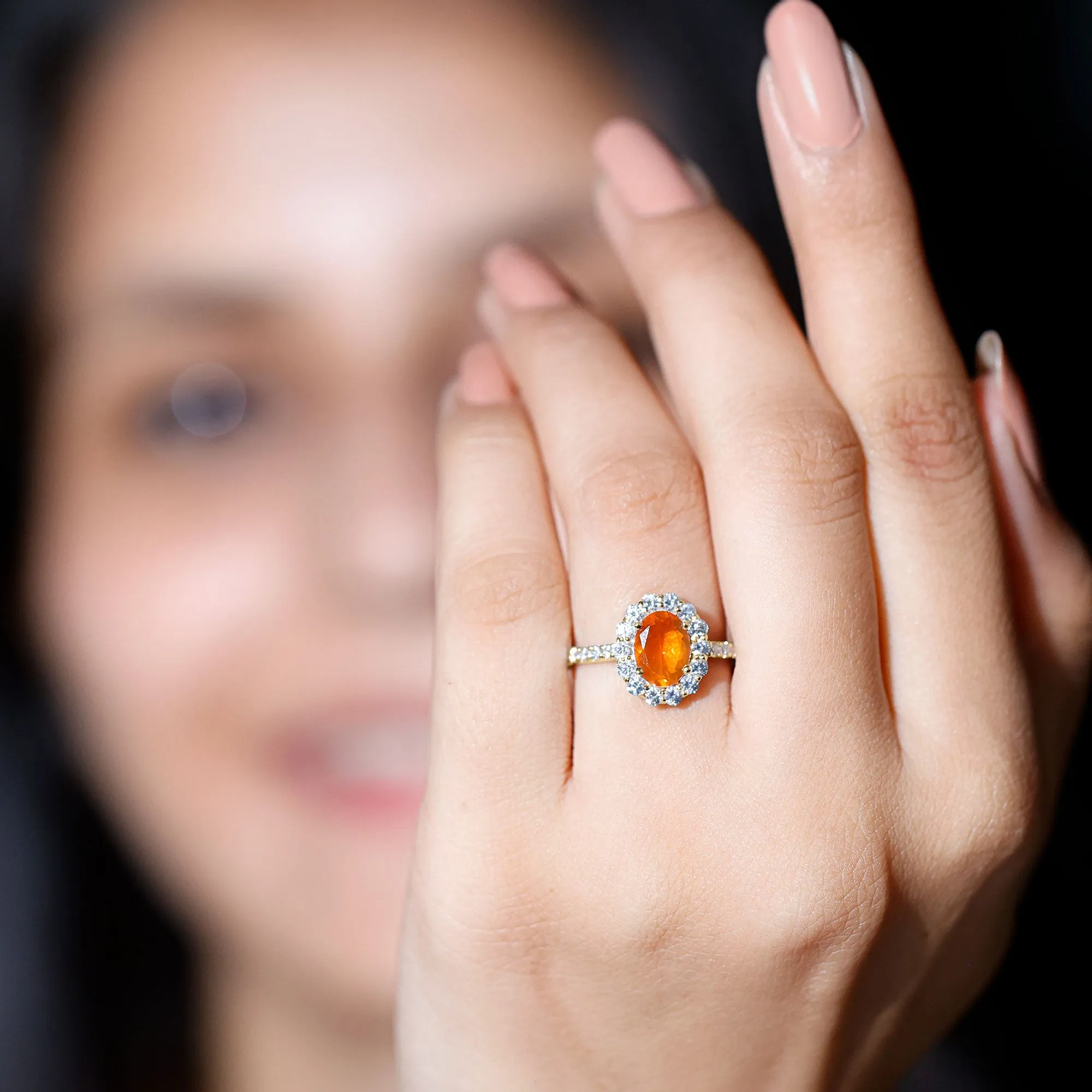 2.25 CT Oval Shape Solitaire Fire Opal and Moissanite Accent Engagement Ring
