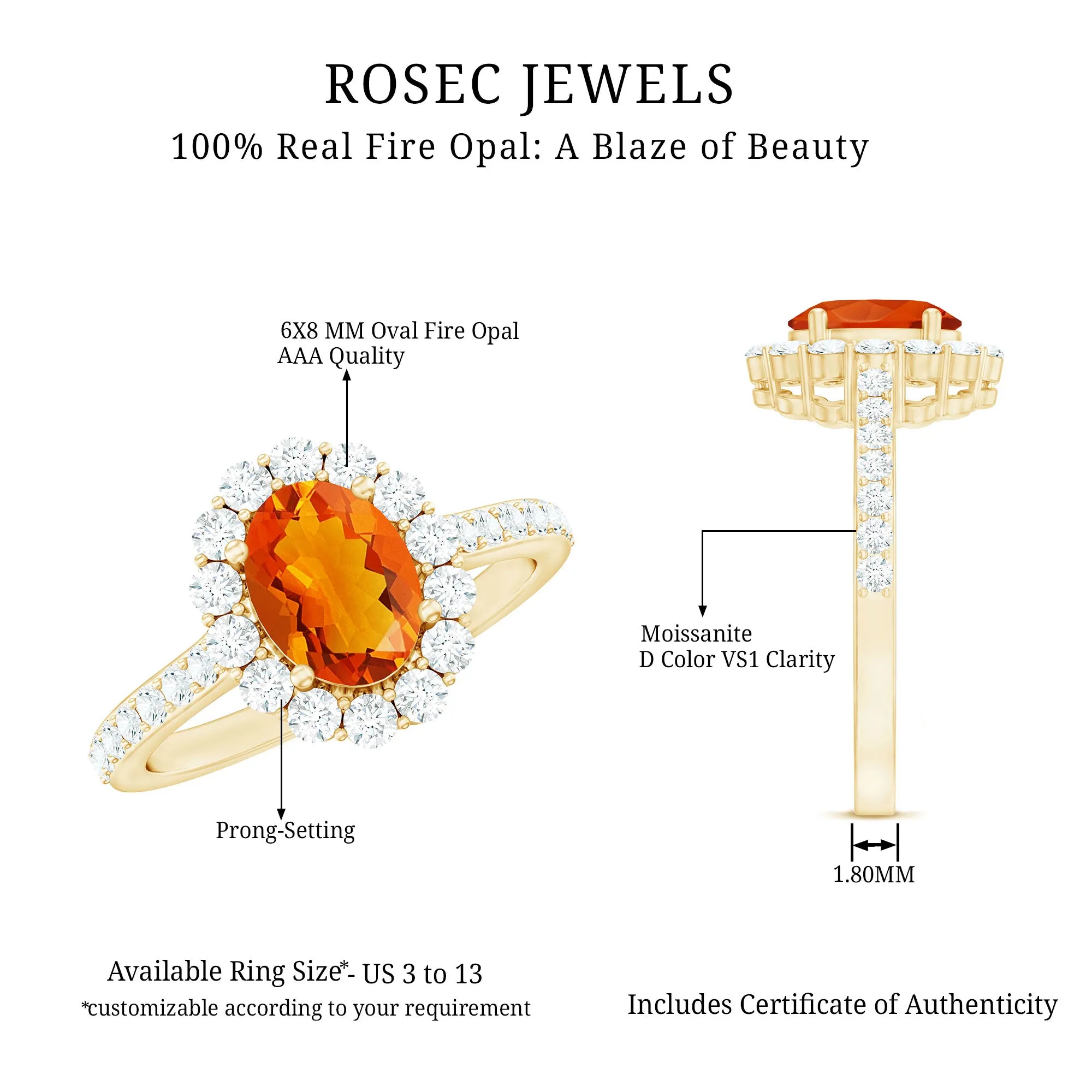 2.25 CT Oval Shape Solitaire Fire Opal and Moissanite Accent Engagement Ring