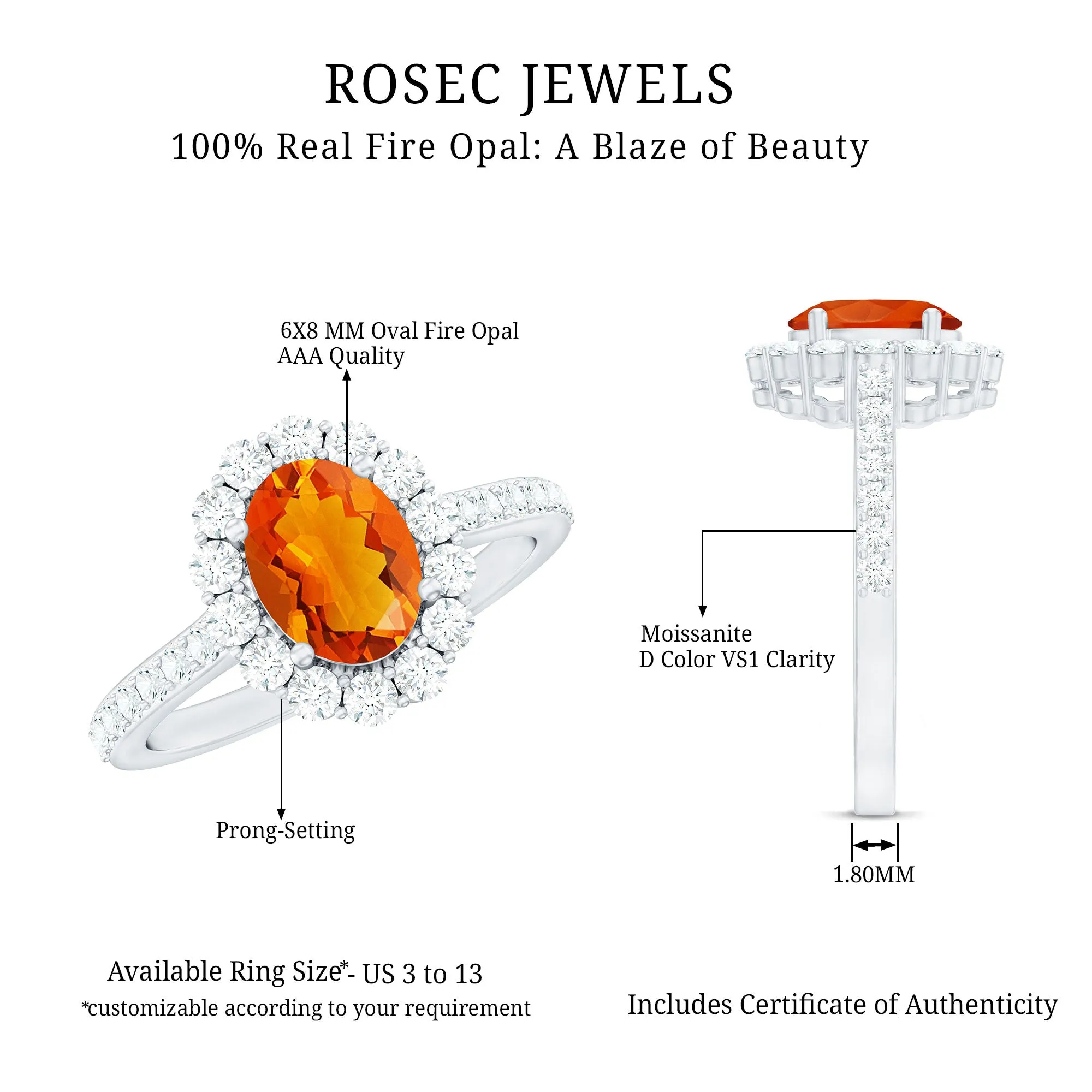 2.25 CT Oval Shape Solitaire Fire Opal and Moissanite Accent Engagement Ring