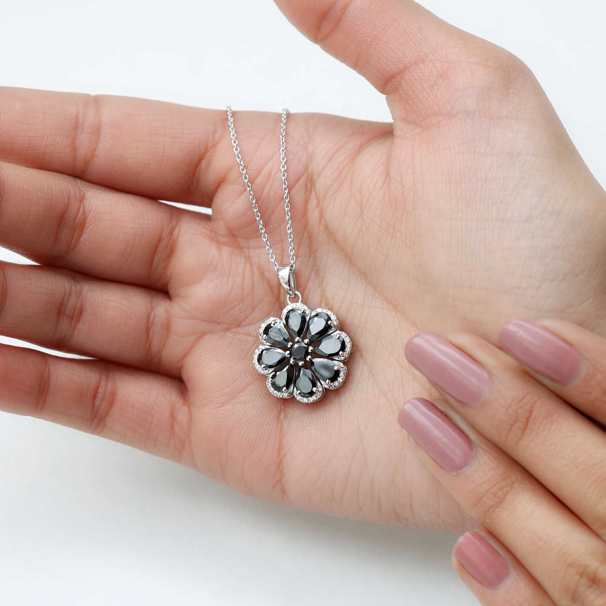 3.25 CT Black Spinel Flower Pendant with Moissanite Halo