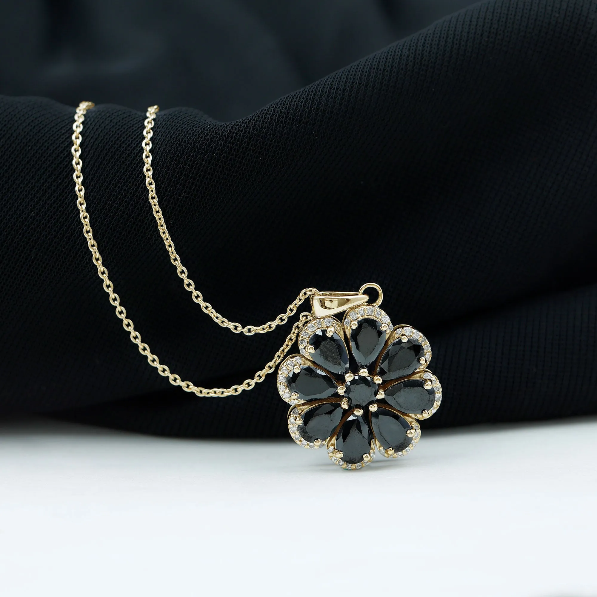 3.25 CT Black Spinel Flower Pendant with Moissanite Halo
