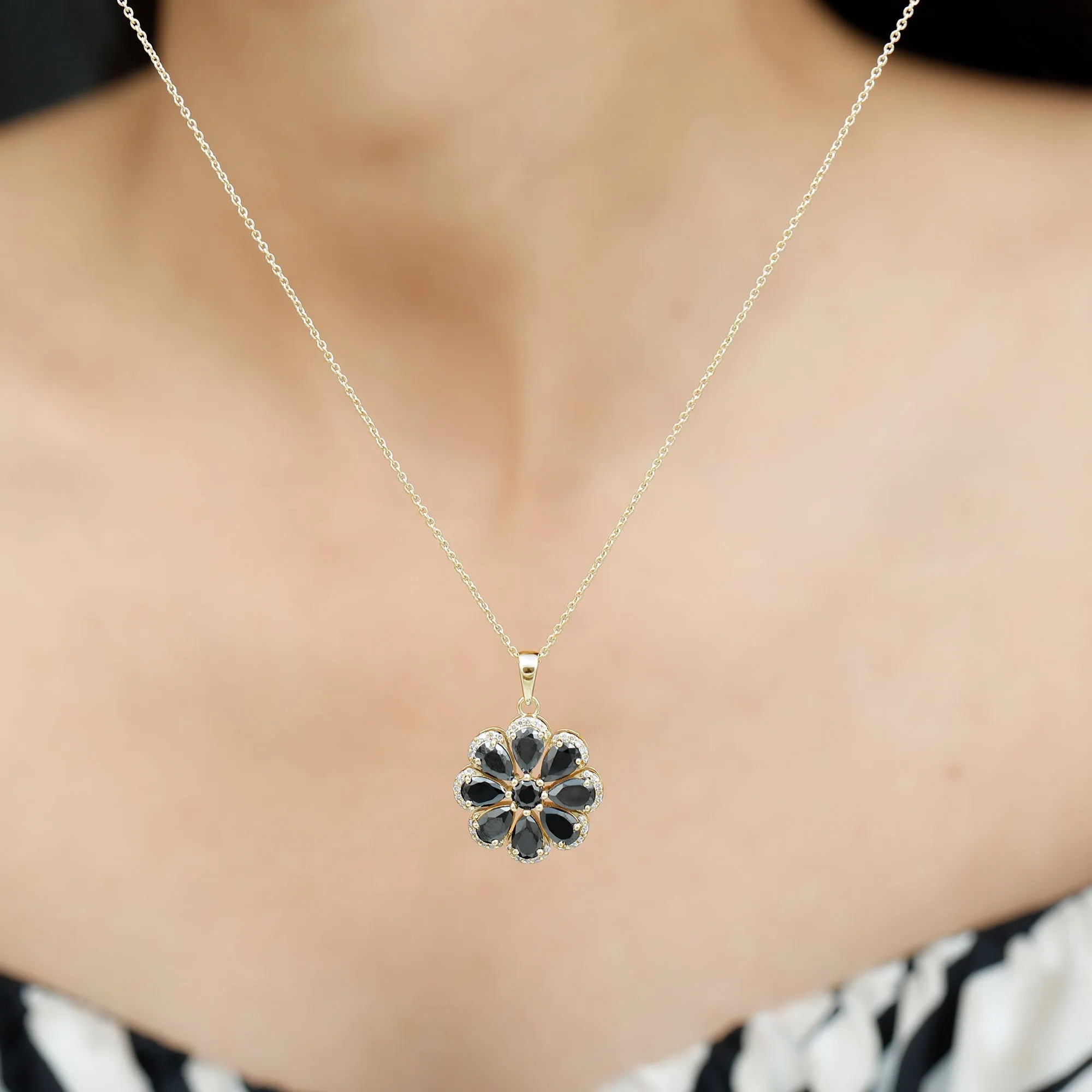 3.25 CT Black Spinel Flower Pendant with Moissanite Halo