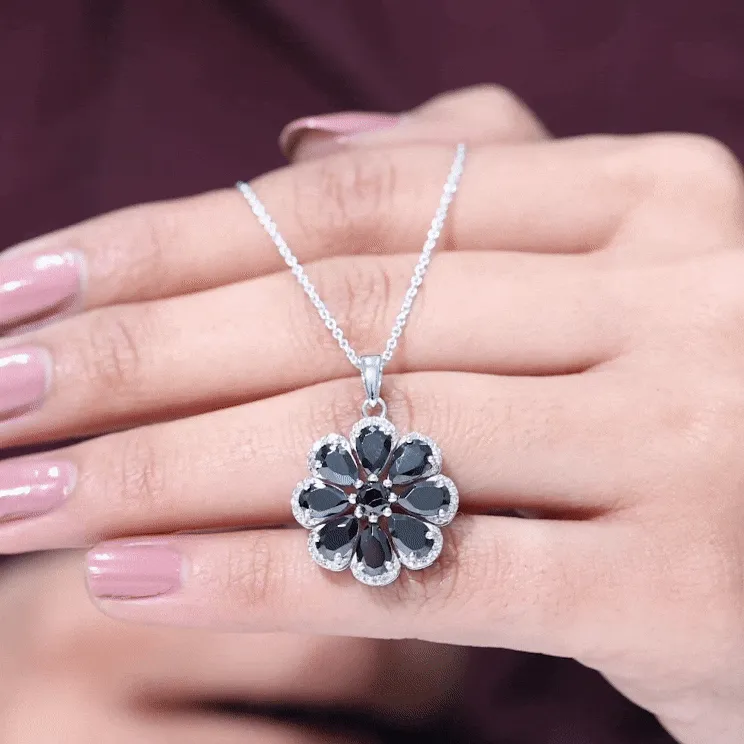 3.25 CT Black Spinel Flower Pendant with Moissanite Halo