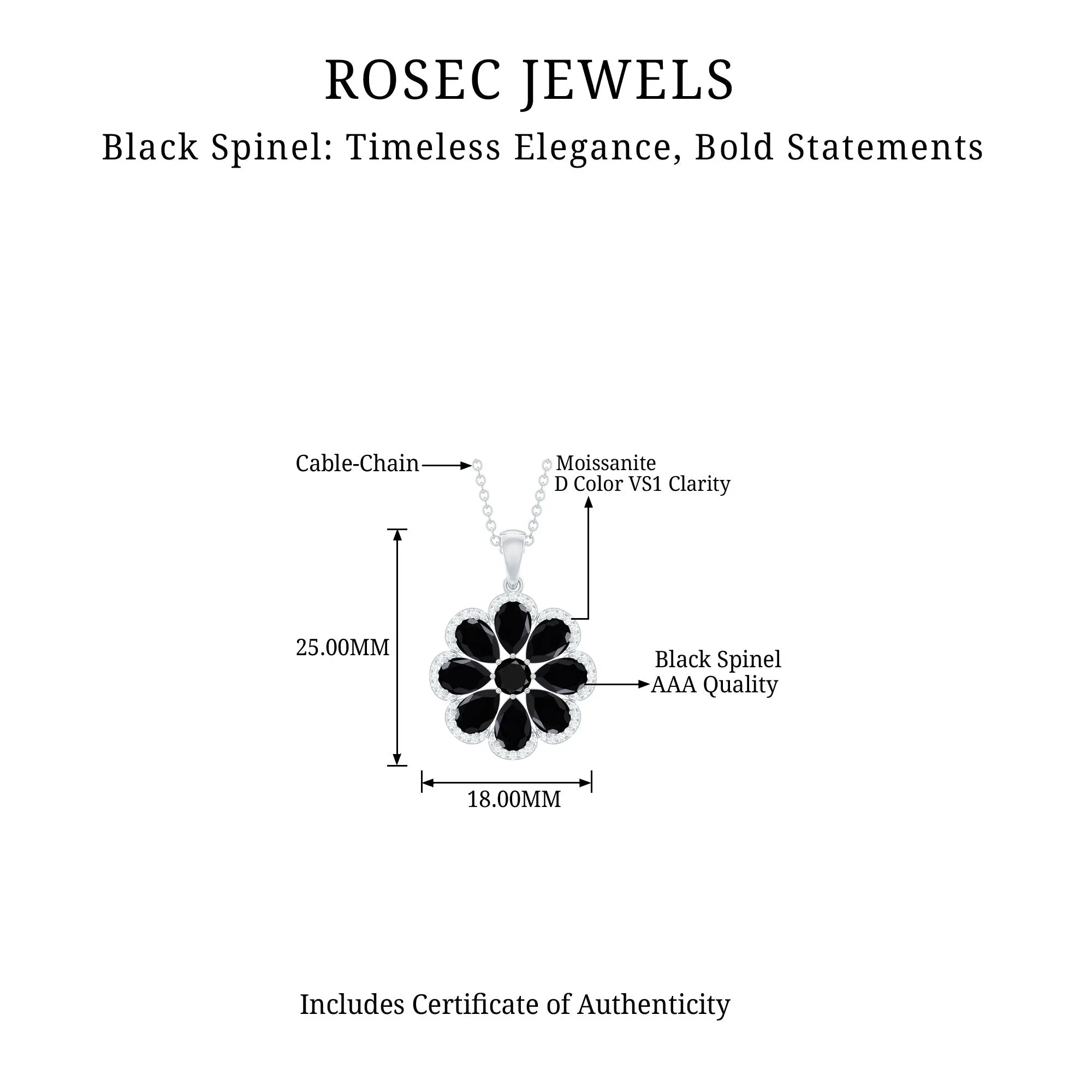 3.25 CT Black Spinel Flower Pendant with Moissanite Halo