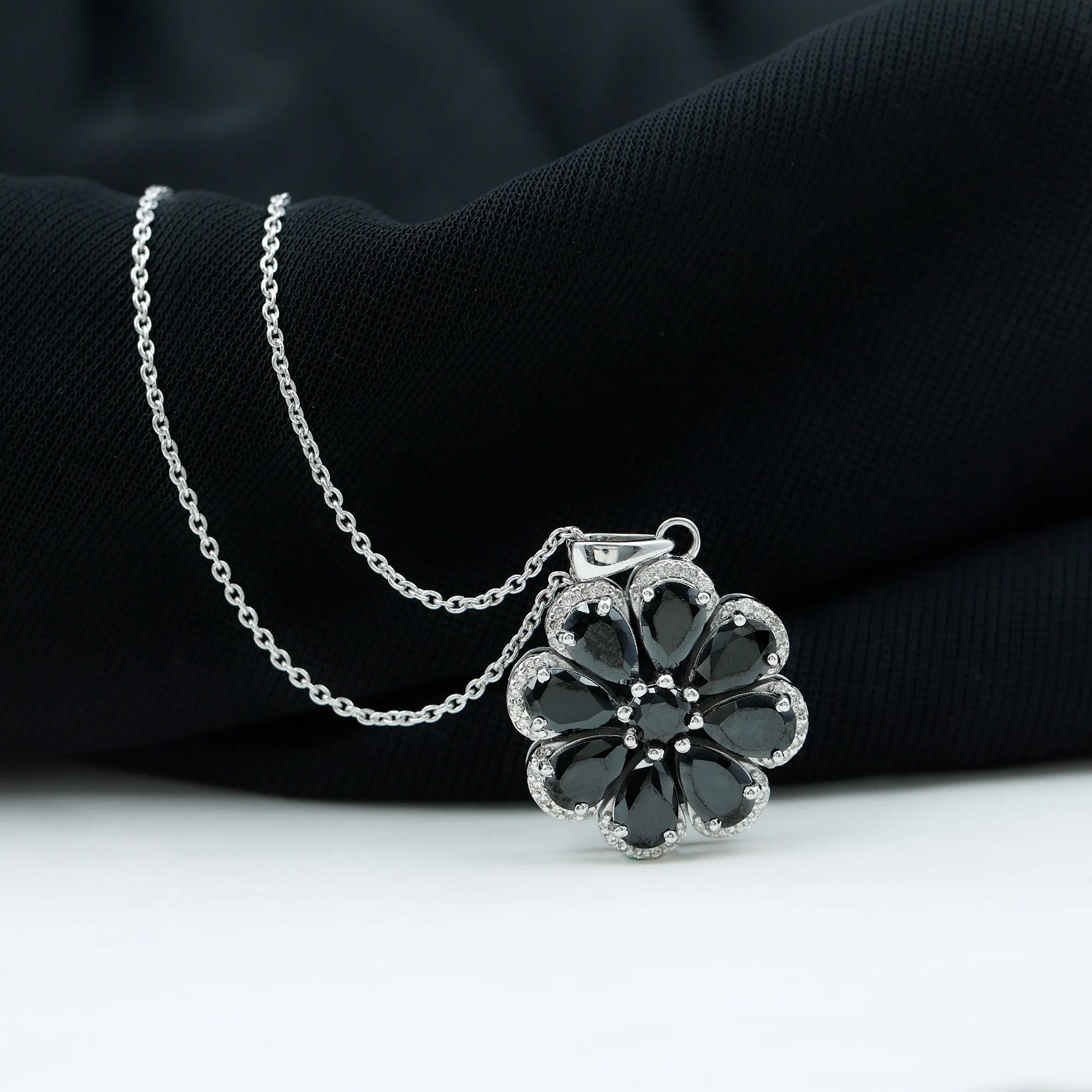 3.25 CT Black Spinel Flower Pendant with Moissanite Halo