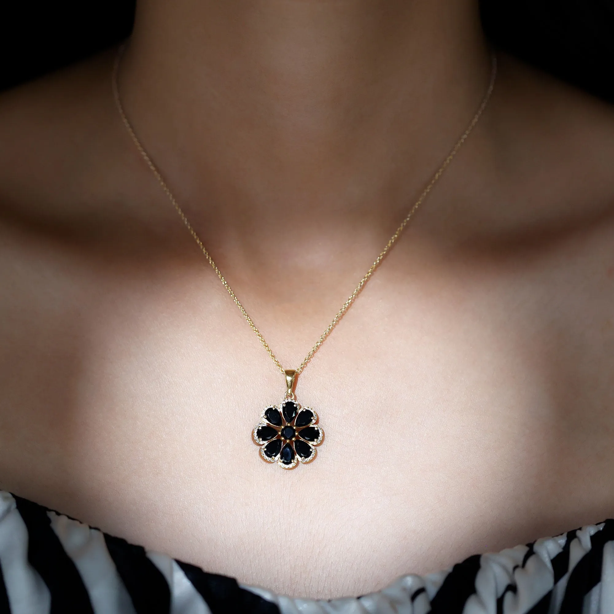 3.25 CT Black Spinel Flower Pendant with Moissanite Halo
