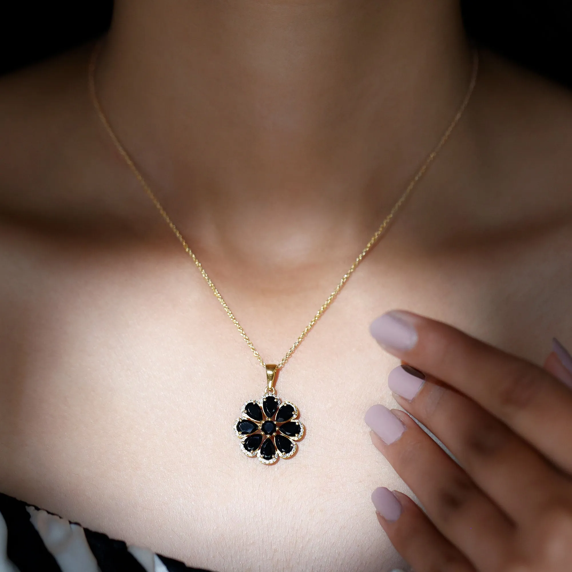 3.25 CT Black Spinel Flower Pendant with Moissanite Halo