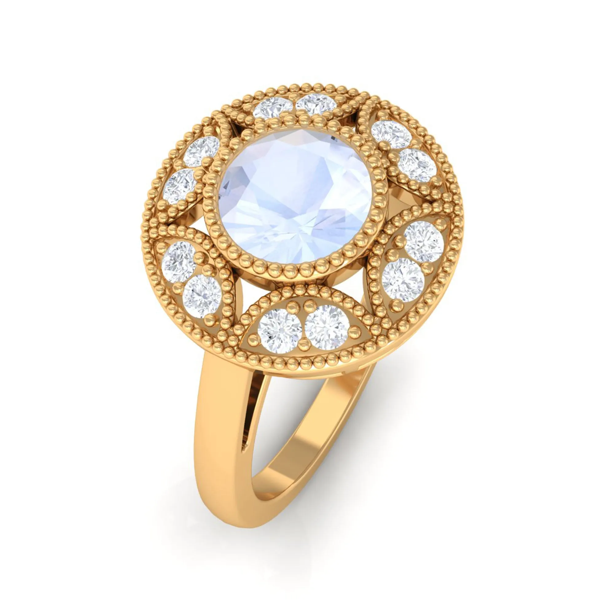 3/4 CT Round Moonstone and Diamond Vintage Engagement Ring