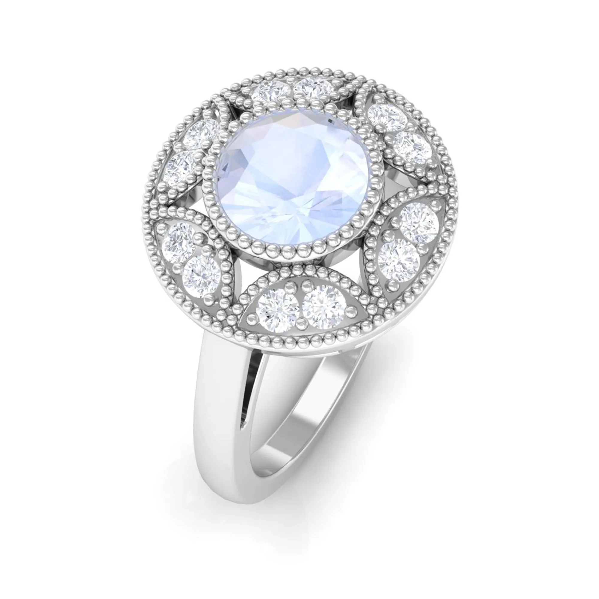3/4 CT Round Moonstone and Diamond Vintage Engagement Ring