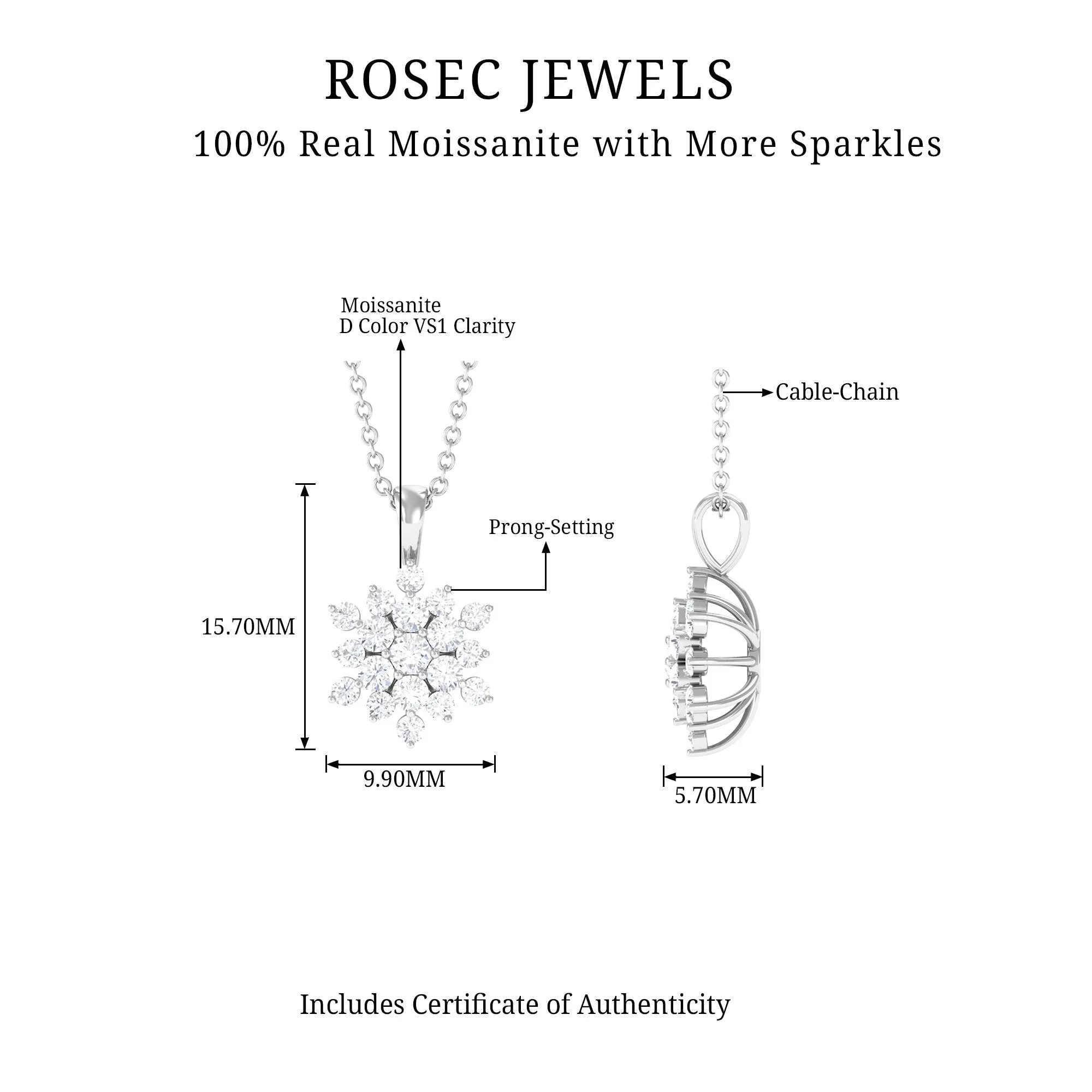 3/4 CT Snowflake Cluster Pendant Necklace with Moissanite