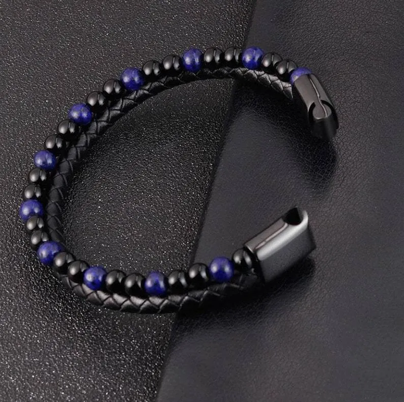 6mm Volcanic Natural Stone Tigereye Beaded Bracelet Men Cowhide String Bracelets