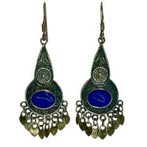 925 Sterling Silver Lapis Lazuli Dangle Drop Earrings Ornate Bali Blue Bohemian