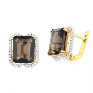 9ct Yellow Gold Natural Smokey Quartz And Diamond Fancy Earrings
