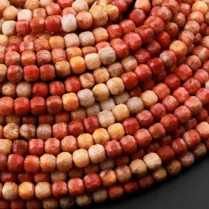 AAA Faceted Natural Golden Orange Red Fossil Coral 4mm Cube Beads Multicolor Gemstone 15.5" Strand