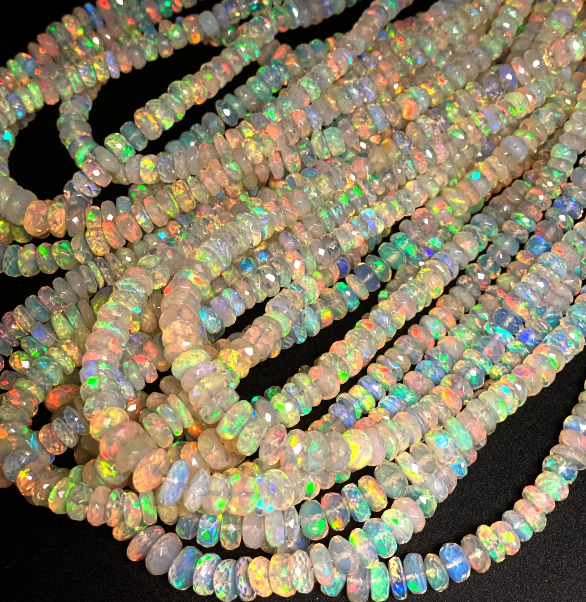 AAA Large Ethiopian Opal Faceted Rondelle Beads Graduating 5mm 8mm Super Flashy Fiery Rainbow White Opal 17" Strand