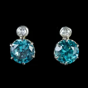 Antique Edwardian Blue Zircon Earrings Diamond 18Ct Gold Circa 1910