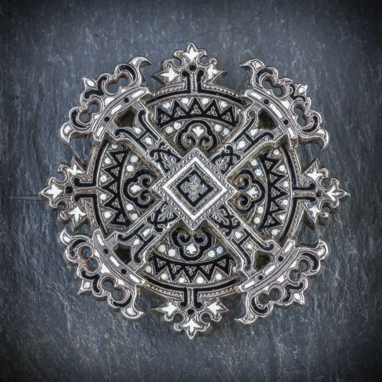 Antique Georgian Enamel Cross Brooch Silver Circa 1800
