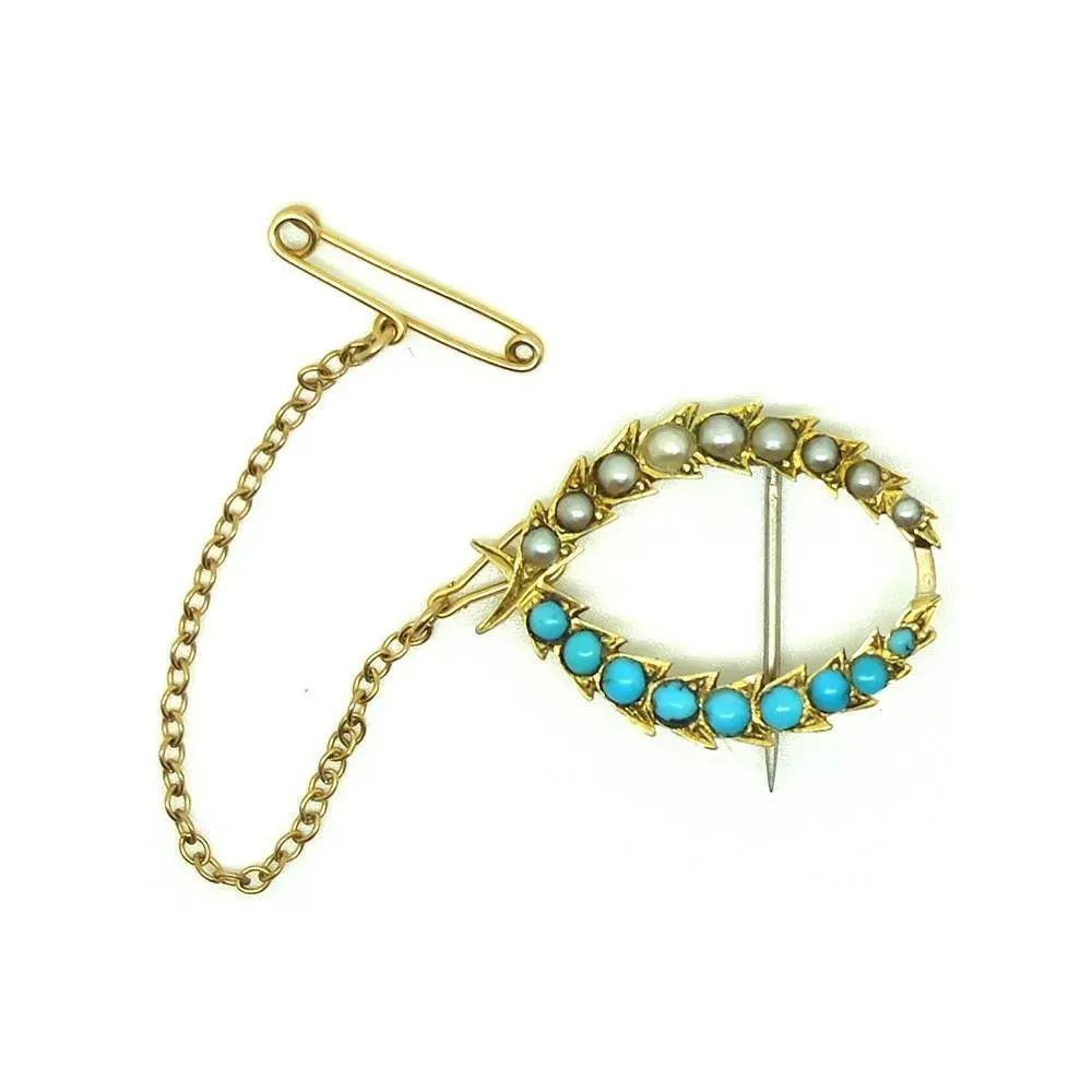 Antique Victorian (1837-1901) Pearl & Turquoise Gold Brooch