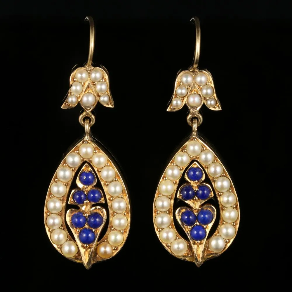 Antique Victorian Pearl Earrings Lapis Lazuli 15Ct Gold Circa 1880