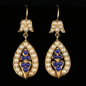 Antique Victorian Pearl Earrings Lapis Lazuli 15Ct Gold Circa 1880