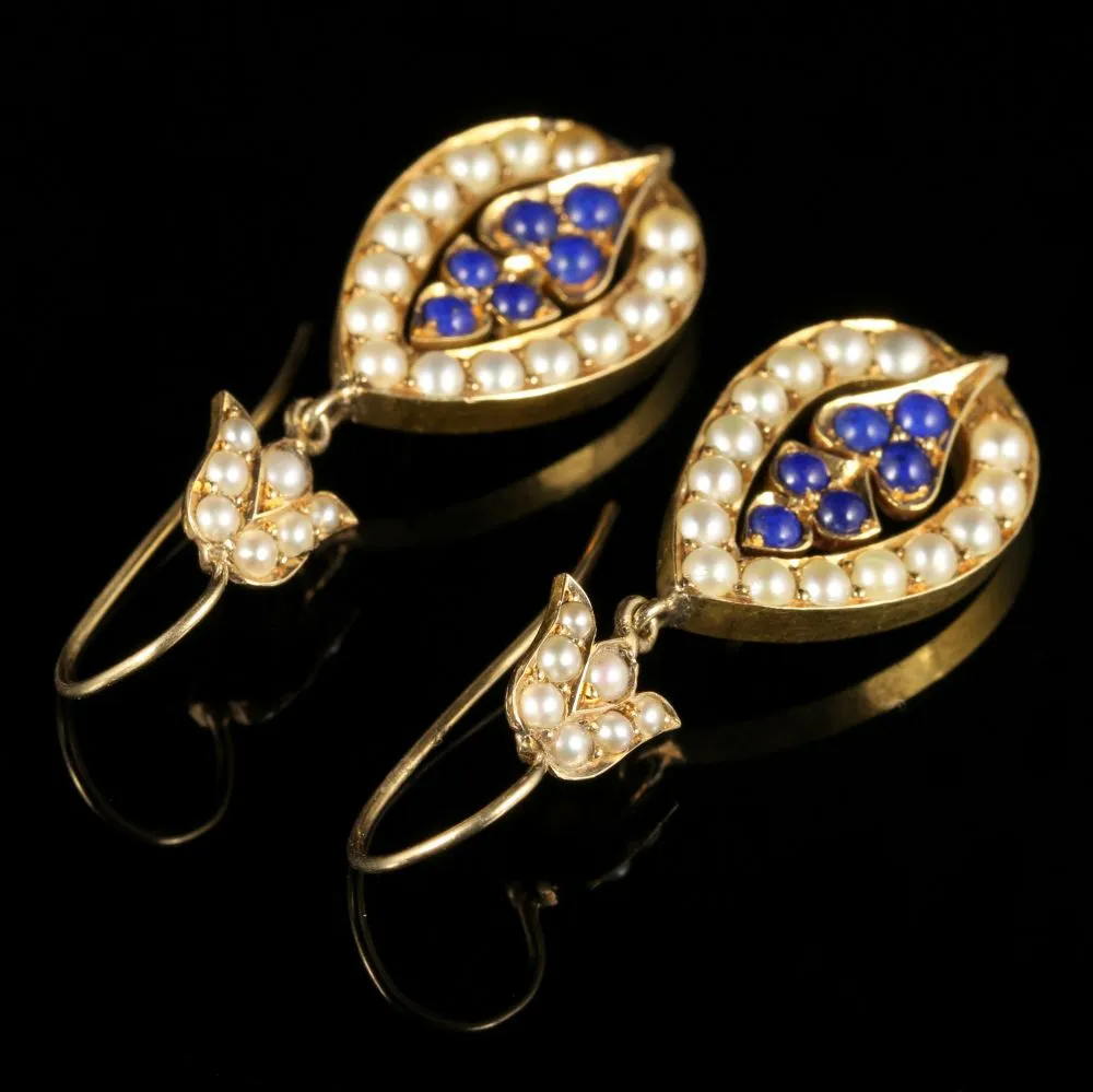 Antique Victorian Pearl Earrings Lapis Lazuli 15Ct Gold Circa 1880