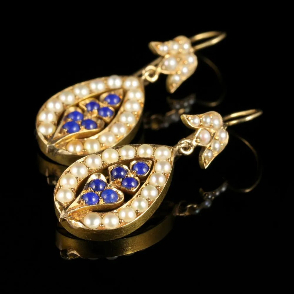 Antique Victorian Pearl Earrings Lapis Lazuli 15Ct Gold Circa 1880