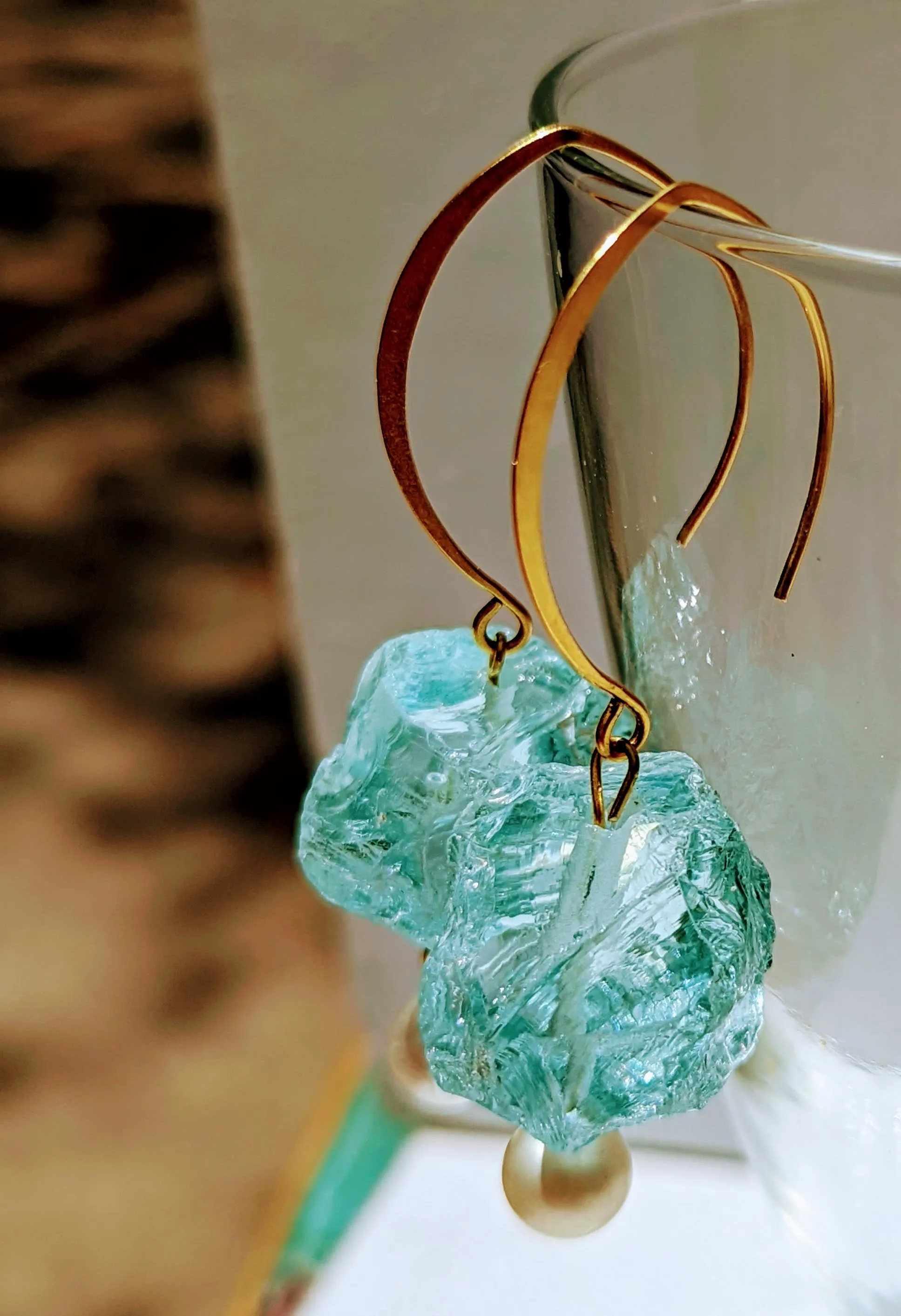 Aqua Glass Rough Nuggets with a Vintage Pearl Wiggle Glacier Blue Earrings USA made Gay Isber Free gift bag