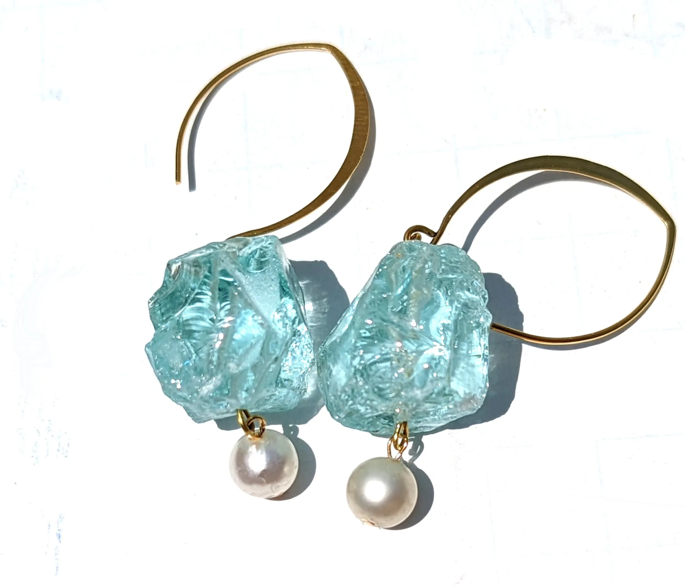 Aqua Glass Rough Nuggets with a Vintage Pearl Wiggle Glacier Blue Earrings USA made Gay Isber Free gift bag