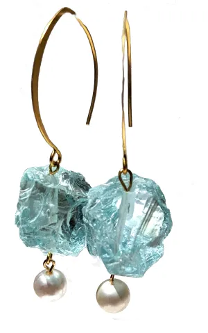Aqua Glass Rough Nuggets with a Vintage Pearl Wiggle Glacier Blue Earrings USA made Gay Isber Free gift bag