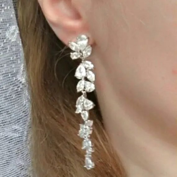 Art Deco Long Crystal Teardrop Wedding Earrings, CZ Leaf Vine Bridal Earring. Long Dangle Drop Statement Chandelier Earring, Wedding Jewelry