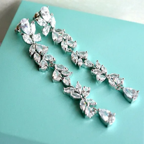 Art Deco Long Crystal Teardrop Wedding Earrings, CZ Leaf Vine Bridal Earring. Long Dangle Drop Statement Chandelier Earring, Wedding Jewelry