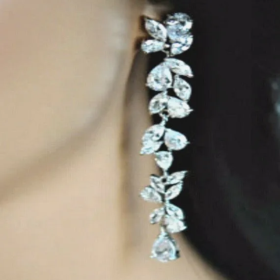 Art Deco Long Crystal Teardrop Wedding Earrings, CZ Leaf Vine Bridal Earring. Long Dangle Drop Statement Chandelier Earring, Wedding Jewelry