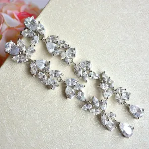 Art Deco Long Crystal Teardrop Wedding Earrings, CZ Leaf Vine Bridal Earring. Long Dangle Drop Statement Chandelier Earring, Wedding Jewelry