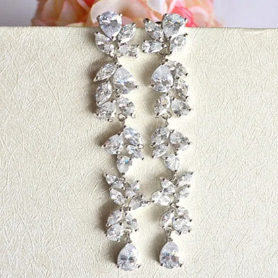 Art Deco Long Crystal Teardrop Wedding Earrings, CZ Leaf Vine Bridal Earring. Long Dangle Drop Statement Chandelier Earring, Wedding Jewelry