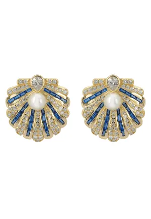 Art Deco Scallop Shell Earrings Sapphire Blue With Pearl Gold