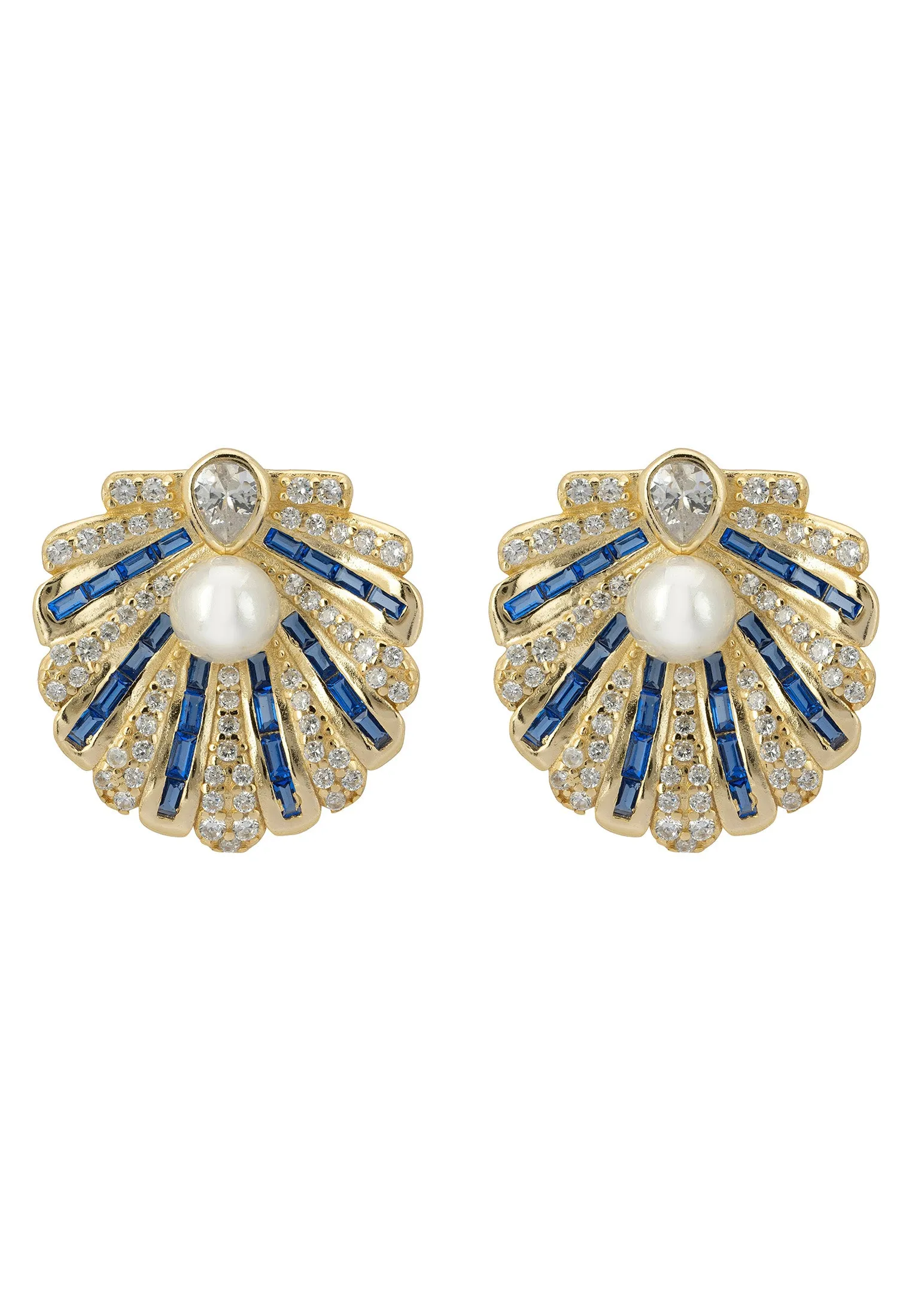 Art Deco Scallop Shell Earrings Sapphire Blue With Pearl Gold