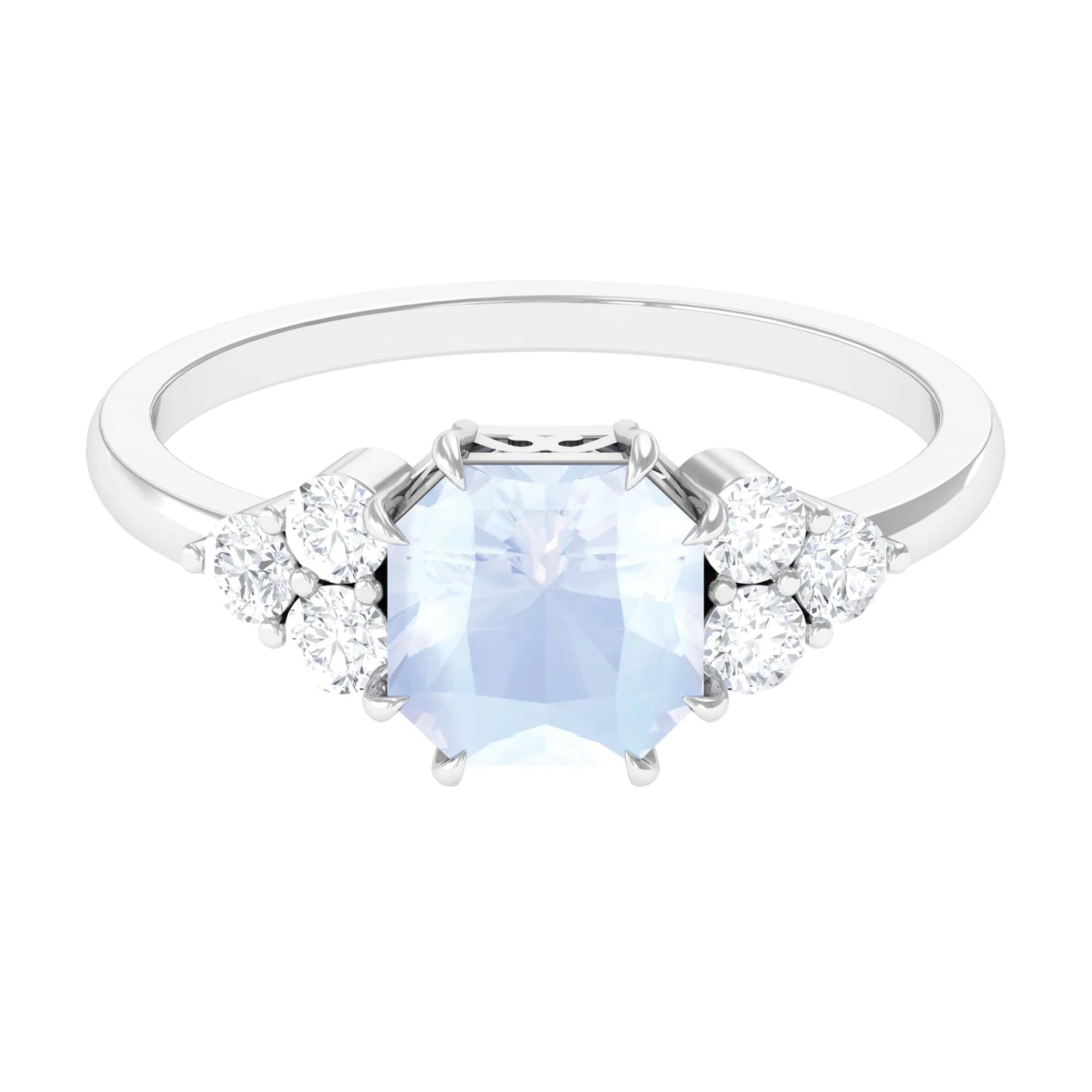 Asscher Cut Moonstone Solitaire Engagement Ring with Diamond Trio