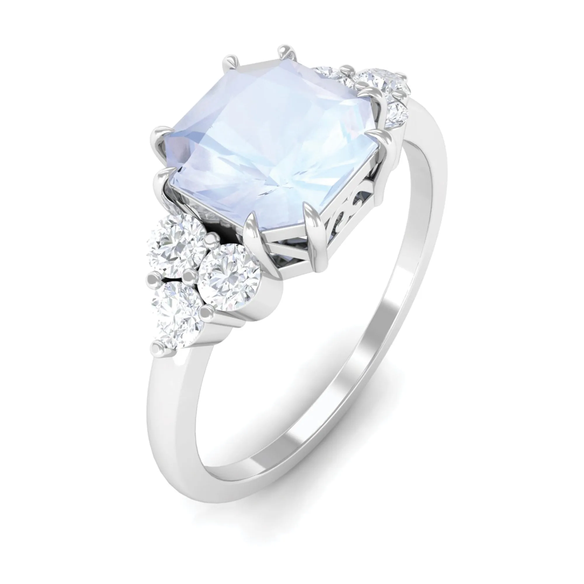 Asscher Cut Moonstone Solitaire Engagement Ring with Diamond Trio