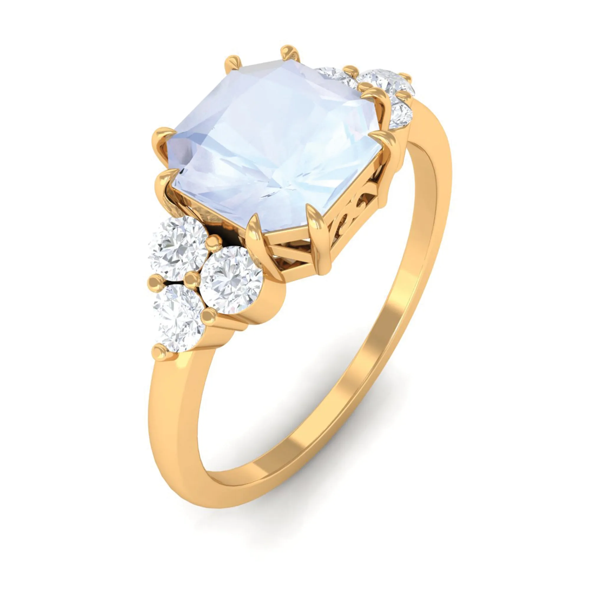 Asscher Cut Moonstone Solitaire Engagement Ring with Diamond Trio