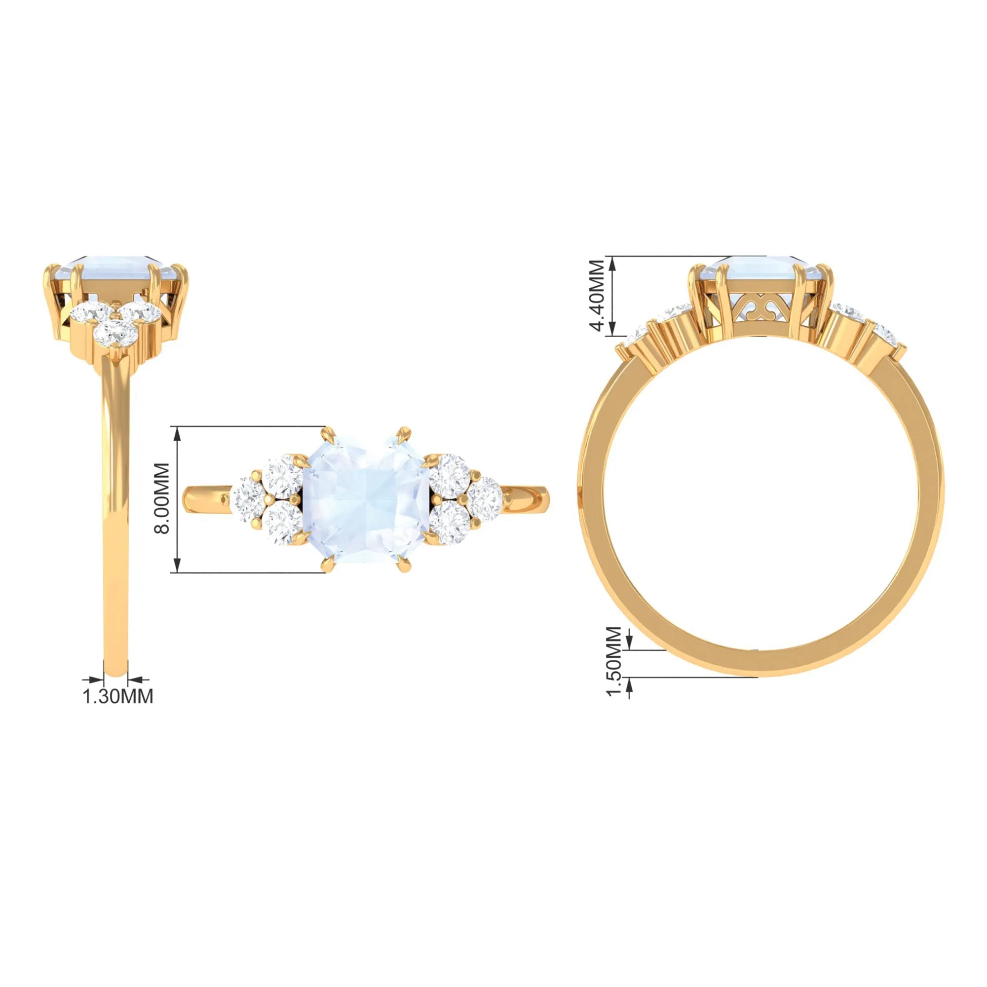 Asscher Cut Moonstone Solitaire Engagement Ring with Diamond Trio