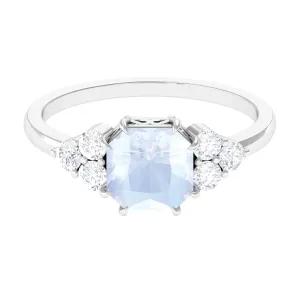 Asscher Cut Moonstone Solitaire Engagement Ring with Diamond Trio
